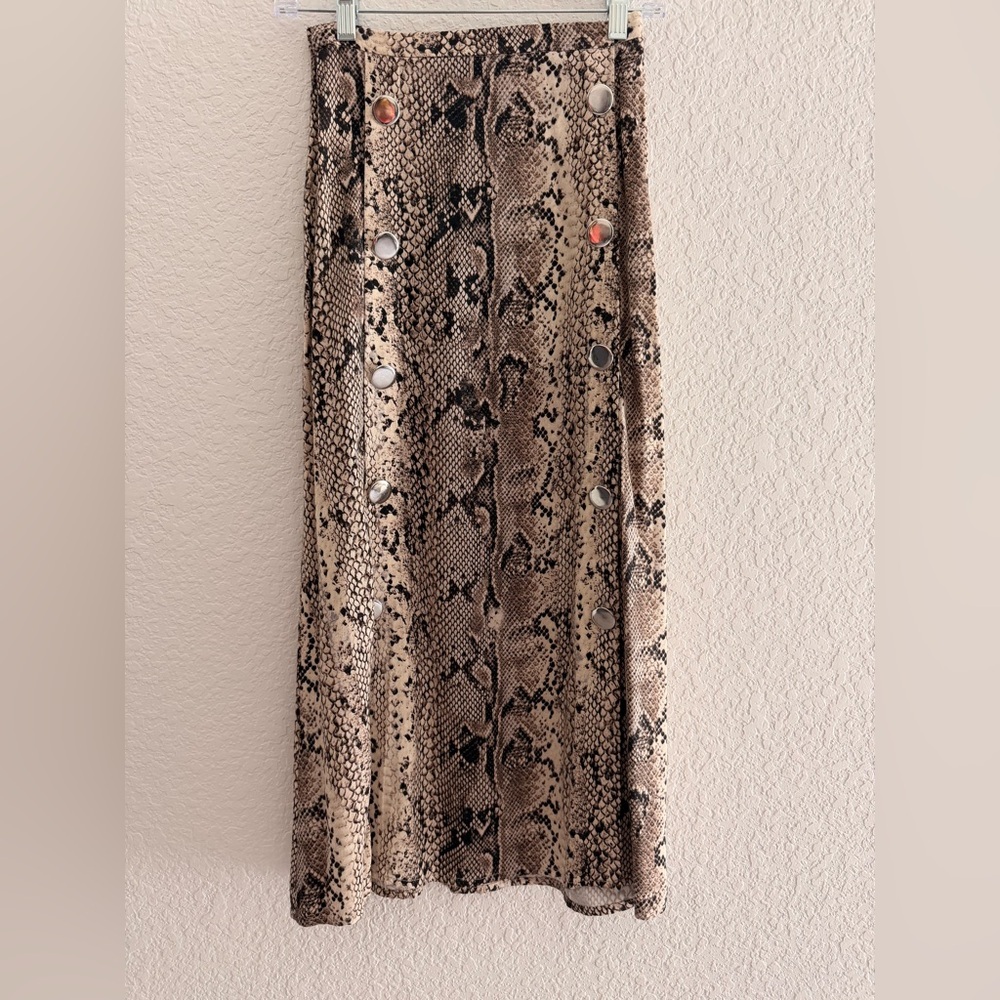 Stradivarius Snake Print Midi Skirt | Silver Button Detail Slit Skirt